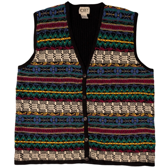 Koret Jackets & Blazers - Vintage 90s Koret mixed pattern, V-neck, button up cardigan sweater vest. 1X